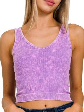 NWT💜Zenana Washed Ribbed Cropped Tank Top Two Way S/M Violet